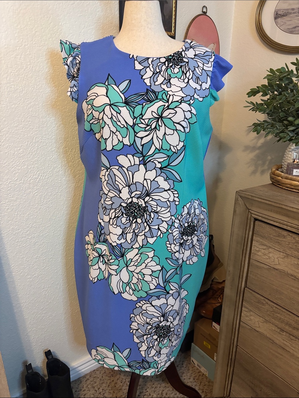 R&K Floral Sheath Dress in Blue & Teal-Size 16W
